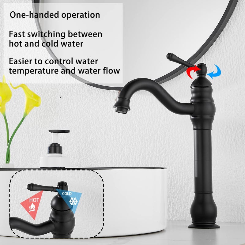 GGStudy Black Bathroom Faucet GGStudy 360Â° Swivel Single-Handle One Hole Bathroom Vessel Sink Faucet Matching Pop Up Drain - Image 3